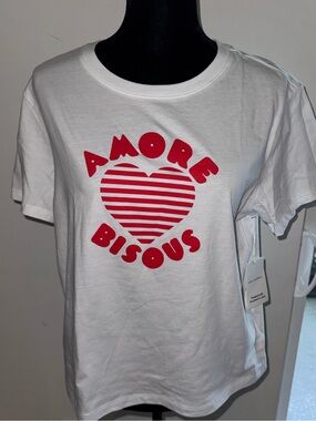 White Short-Sleeve Graphic Tee with Red Heart Print